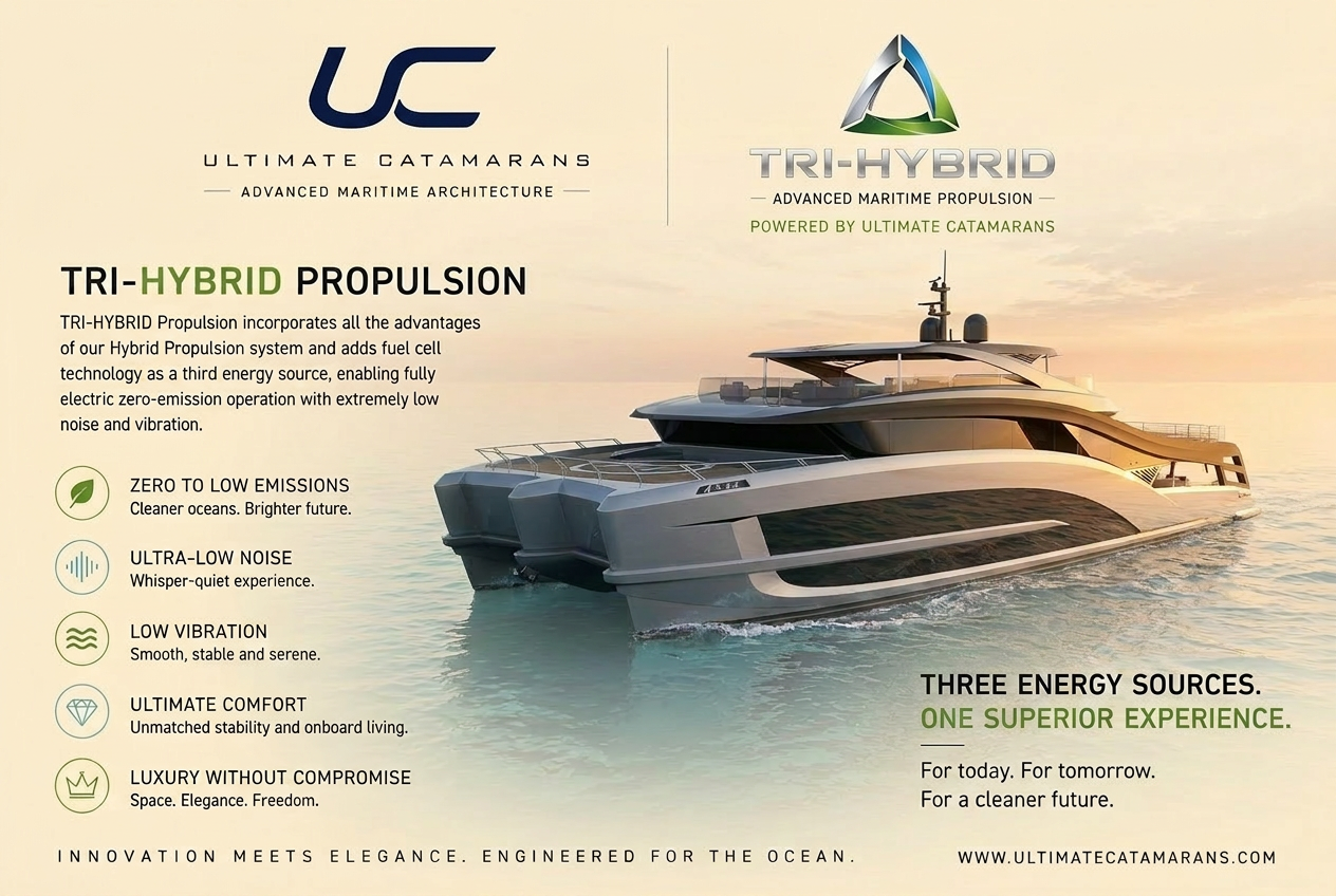 Tri-Hybrid propulsion infographic — diesel, electric, solar