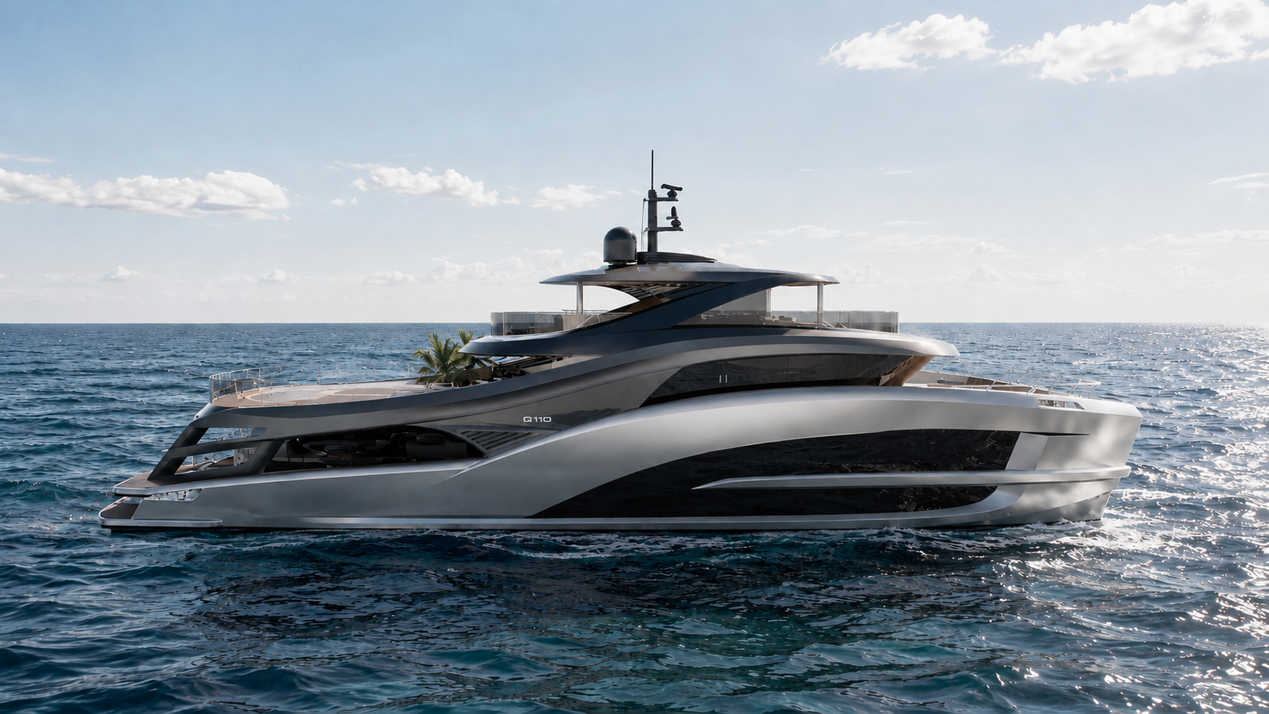 Q110 — aluminium catamaran superyacht preview rendering at sea