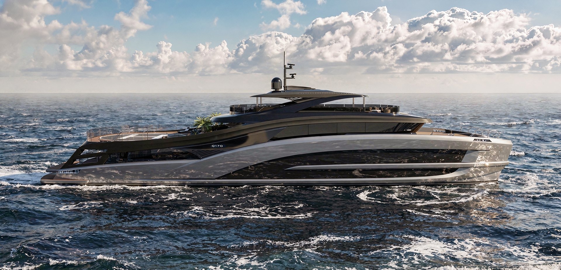 Q170 — aluminium catamaran superyacht rendering at sea