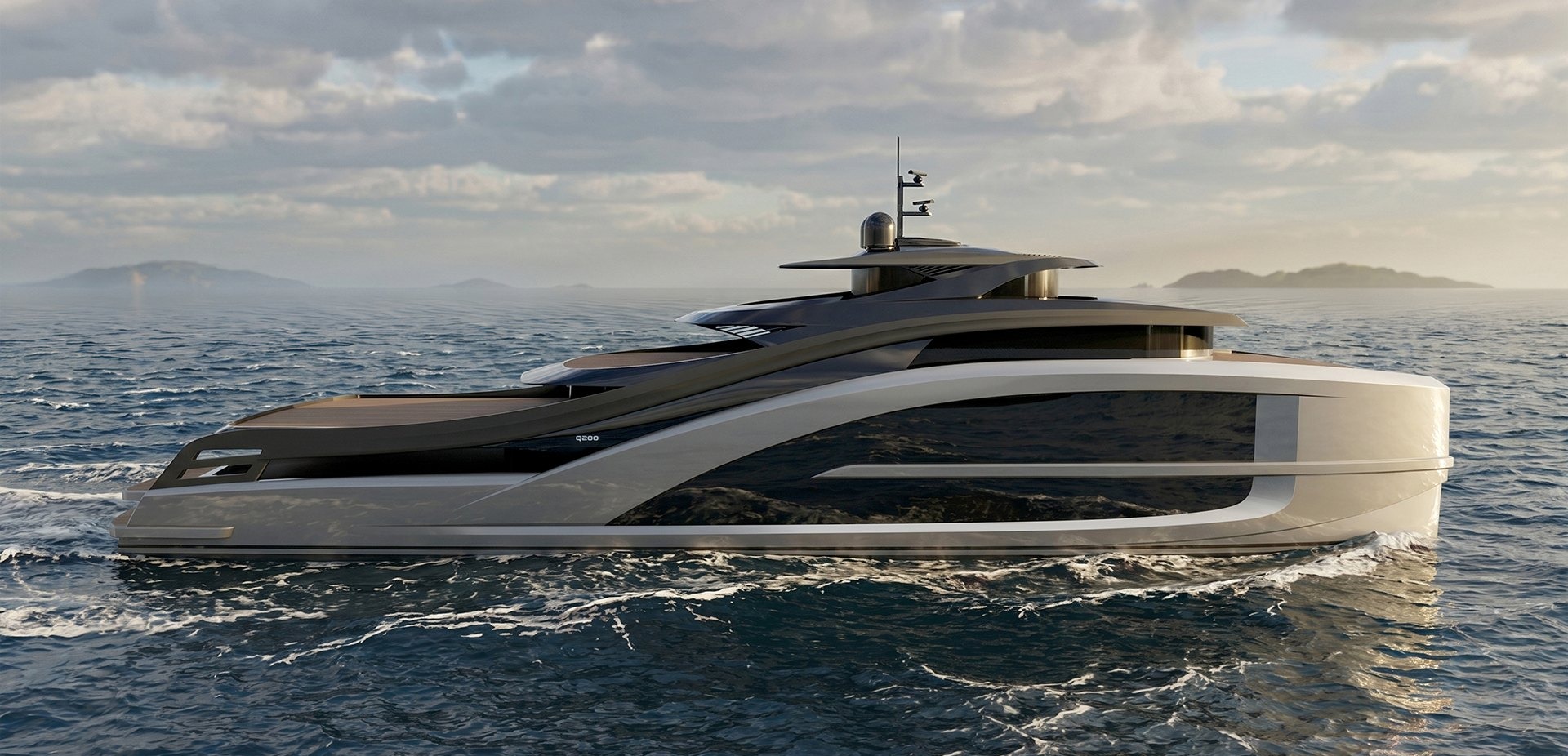 Q200 — aluminium catamaran superyacht rendering at sea
